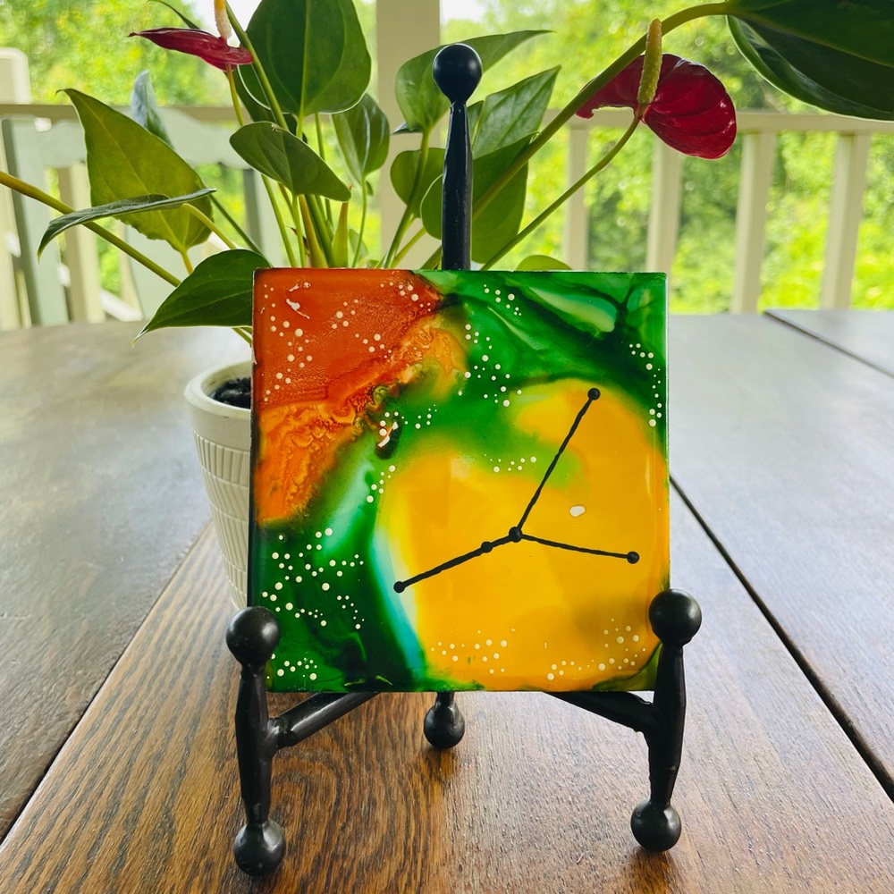 Cancer Zodiac Constellation Ceramic Decor - Astrology Decor - Green Yellow Art